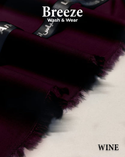 Wine-colored fabric with 'Breeze Wash & Wear' branding on a white background