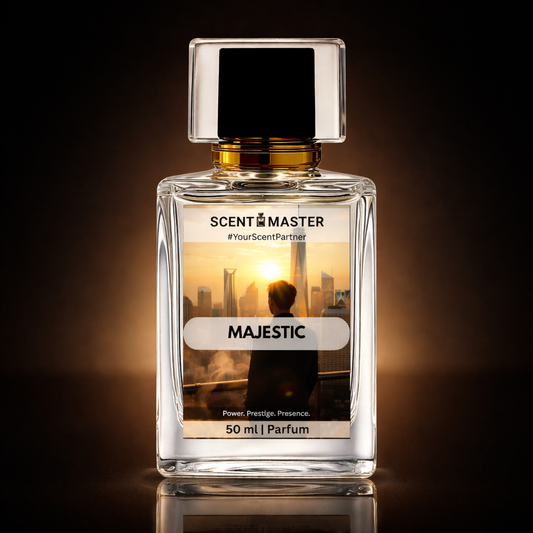 Perfume bottle labeled 'Majestic' by Scent Master on a dark background