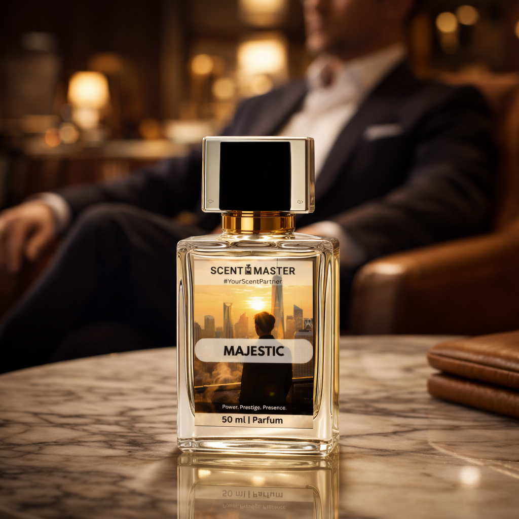 Perfume bottle labeled 'Majestic' by Scent Master on a table with a blurred background of a person in formal attire.