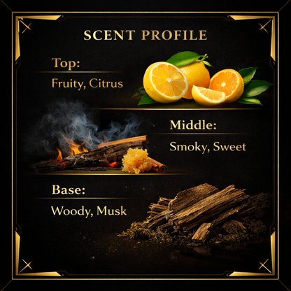 Scent profile description with citrus fruits, firewood, and smoke on a dark background