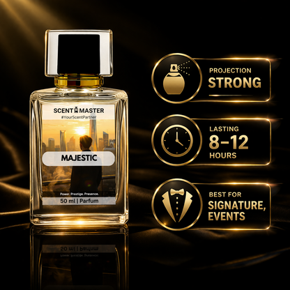 Perfume bottle labeled 'Majestic' with features on a dark background