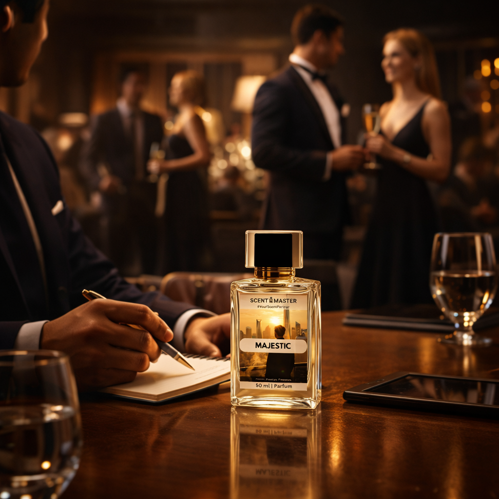 Perfume bottle labeled 'Scent Master Majestic' on a table with people in formal attire in the background.