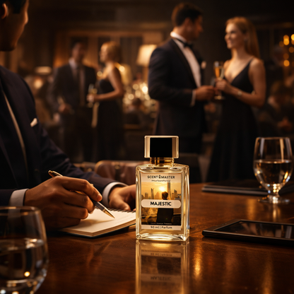 Perfume bottle labeled 'Scent Master Majestic' on a table with people in formal attire in the background.