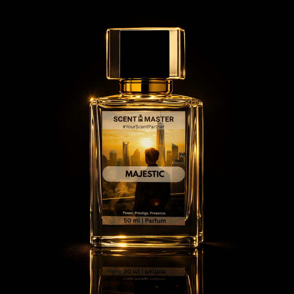 Perfume bottle labeled 'Majestic' by Scent Master on a dark background