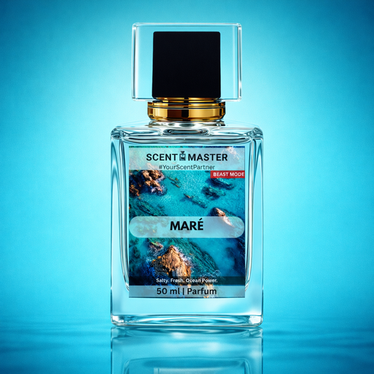 Perfume bottle labeled 'Maré' by Scent the Master on a blue background