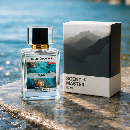 Scent Master Maré perfume bottle and packaging with a mountain and water background