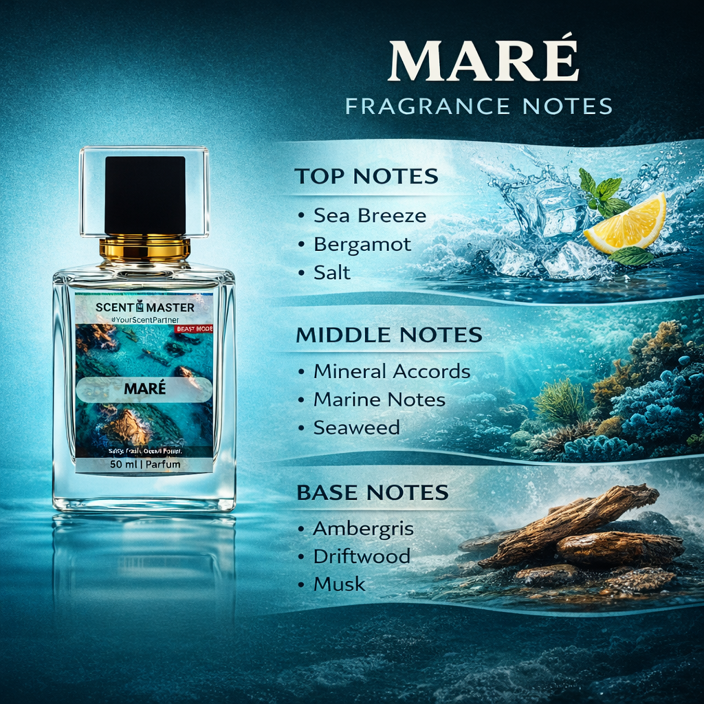 Maré fragrance bottle with ocean-themed design and fragrance notes listed.