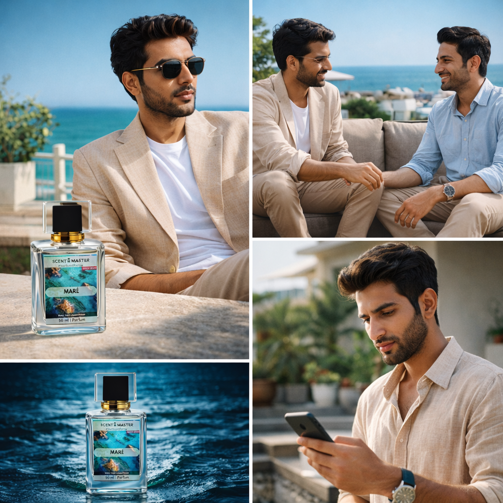 Collage of a man sitting by the ocean, interacting with another person, and using a smartphone, with a focus on a perfume bottle labeled 'Maré'.
