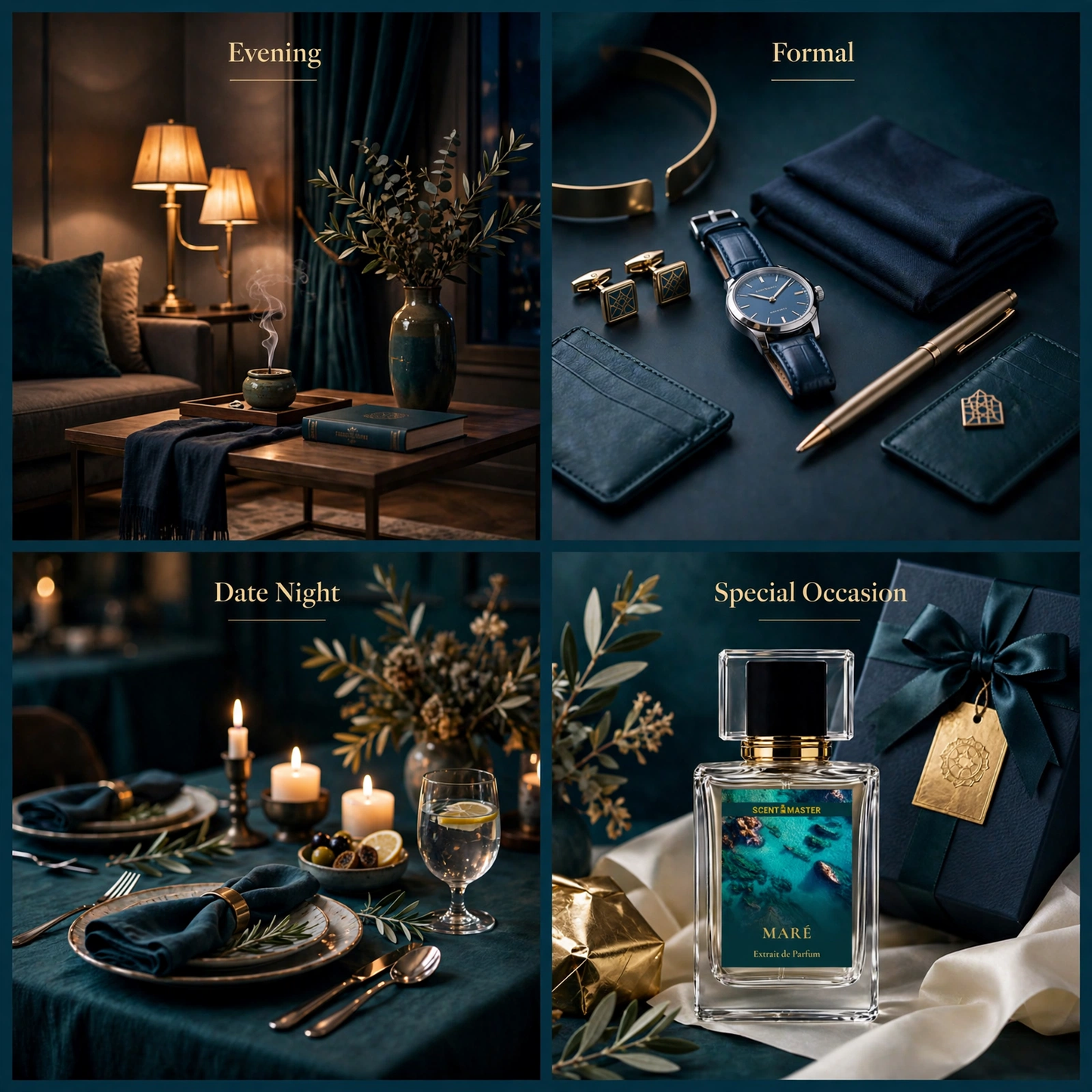 Maré perfume occasions split layout showing evening, formal, date night, and special occasion use by Scent Master
