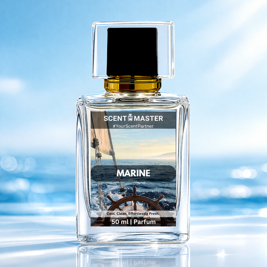 Perfume bottle labeled 'Scent Master Marine' with a ship wheel design on a blue blurred background