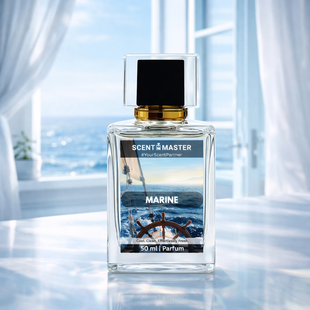 Perfume bottle labeled 'Scent Master Marine' with a marine design on a reflective surface.