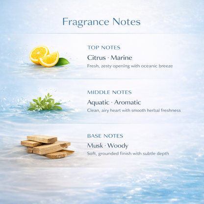 Fragrance notes description with lemon slices, water, and wooden elements on a light blue background