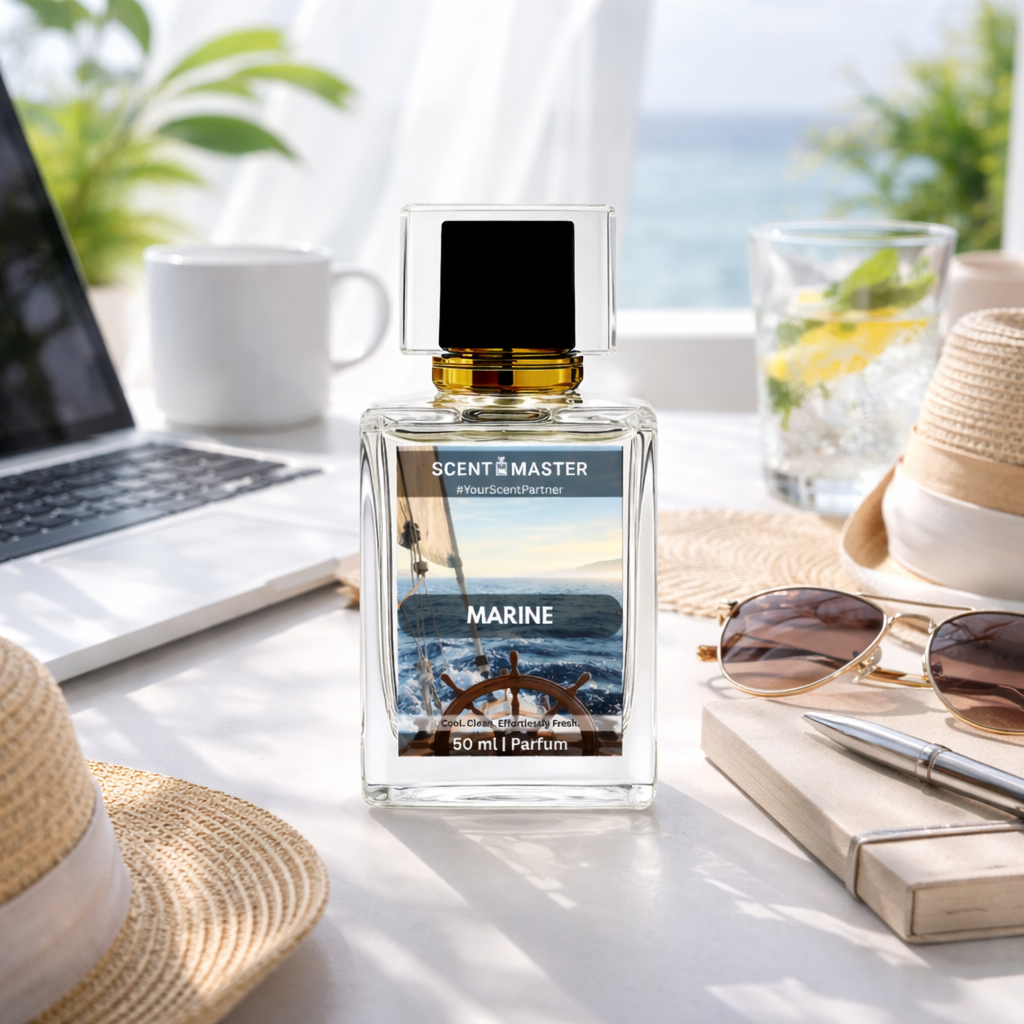Perfume bottle labeled 'Scent Master Marine' on a table with laptop, sunglasses, and notebook.