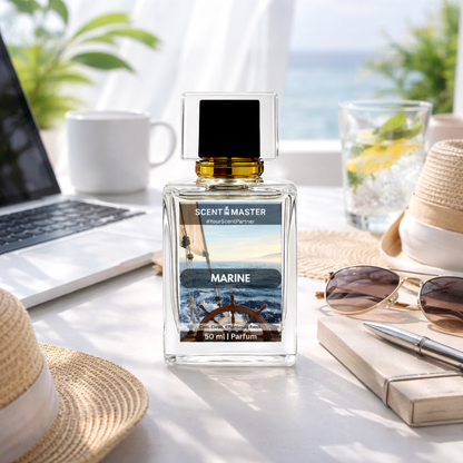 Perfume bottle labeled 'Scent Master Marine' on a table with laptop, sunglasses, and notebook.