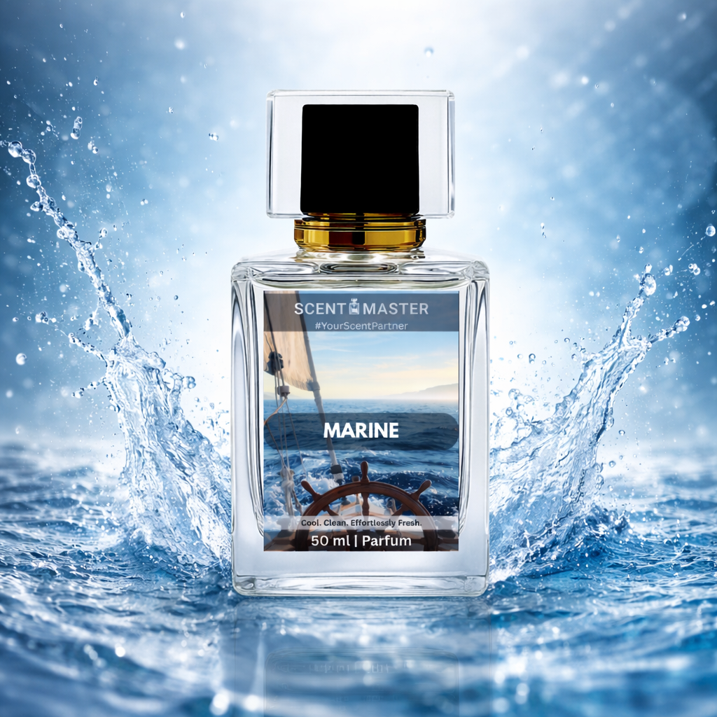 Perfume bottle labeled 'Marine' with water splashes in the background