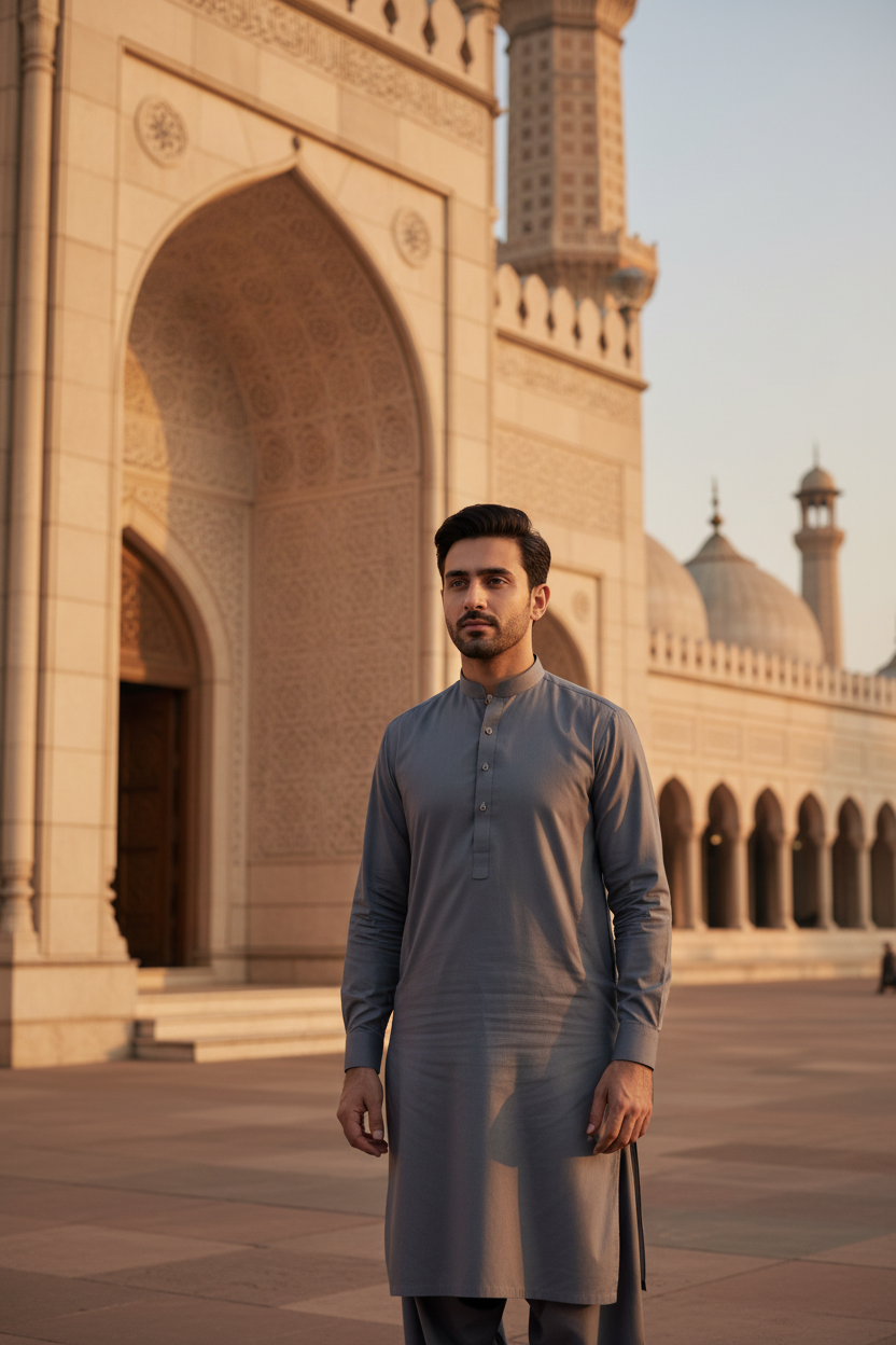 Gray Cotton Suit for Men - Traditional Mosque Setting