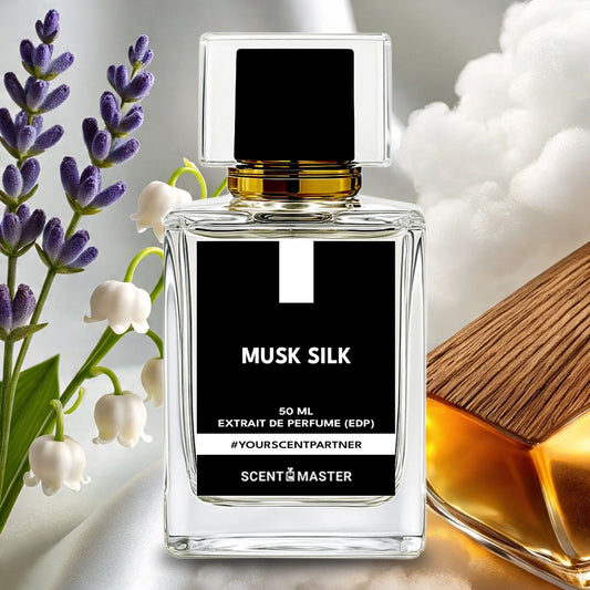 Perfume bottle labeled 'Musk Silk' by Scent Master with lavender and flowers in the background