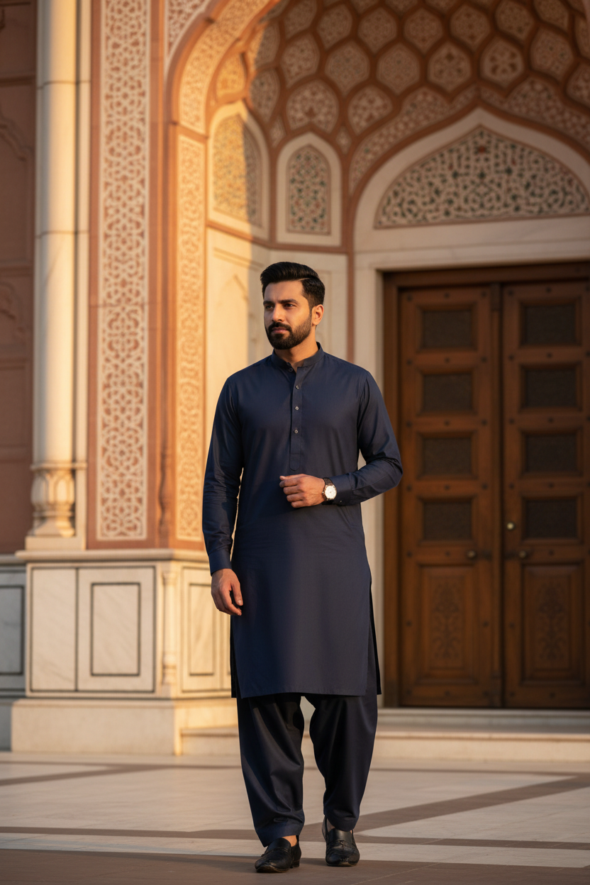 Navy Blue Cotton Suit for Men - Mosque Prayer Setting

