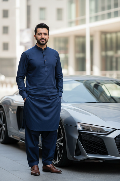 Premium Navy Blue Cotton Suit - Luxury Lifestyle
