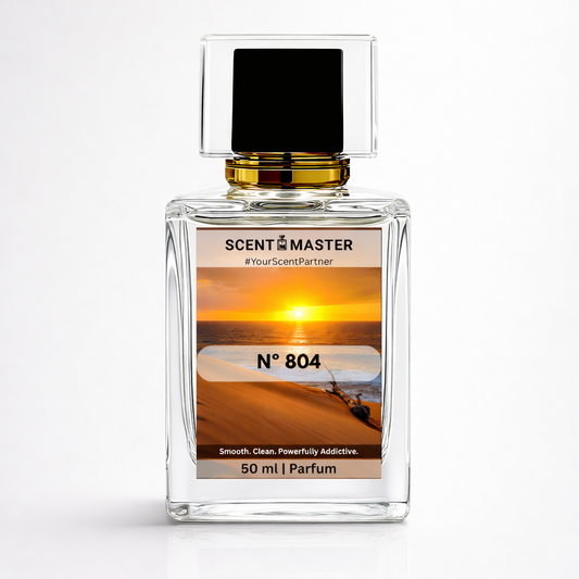 Perfume bottle labeled 'Scent Master No 804' with a sunset design on the label.