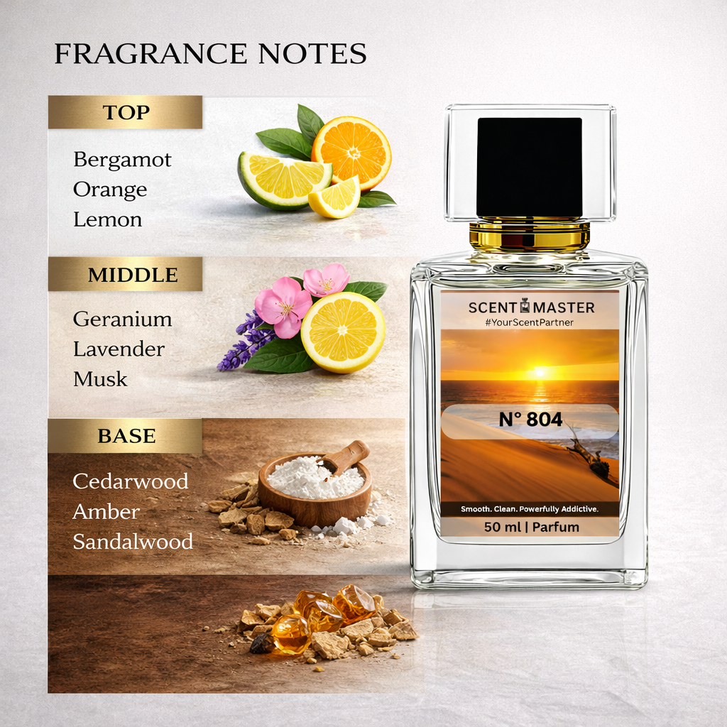 Perfume bottle No 804 with fragrance notes displayed on a white background