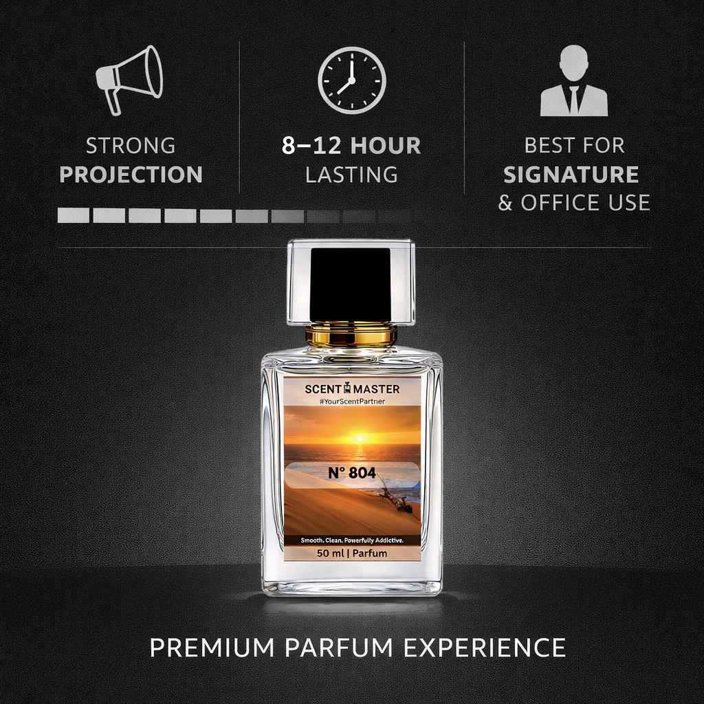 Parfum bottle No 804 with features listed on a dark background