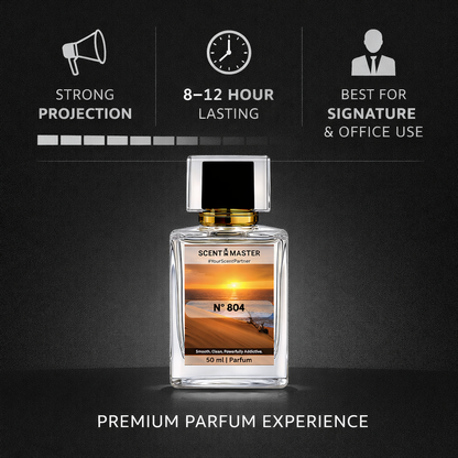 Parfum bottle No 804 with features listed on a dark background