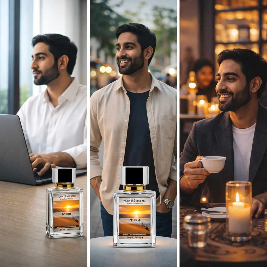 Three scenes of a man with a bottle of perfume labeled 'No 804' in each, with different activities.