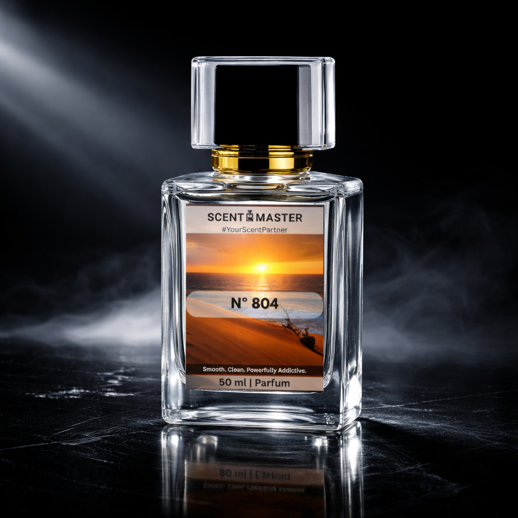 Perfume bottle labeled 'Scent Master No 804' with a sunset design on a dark background