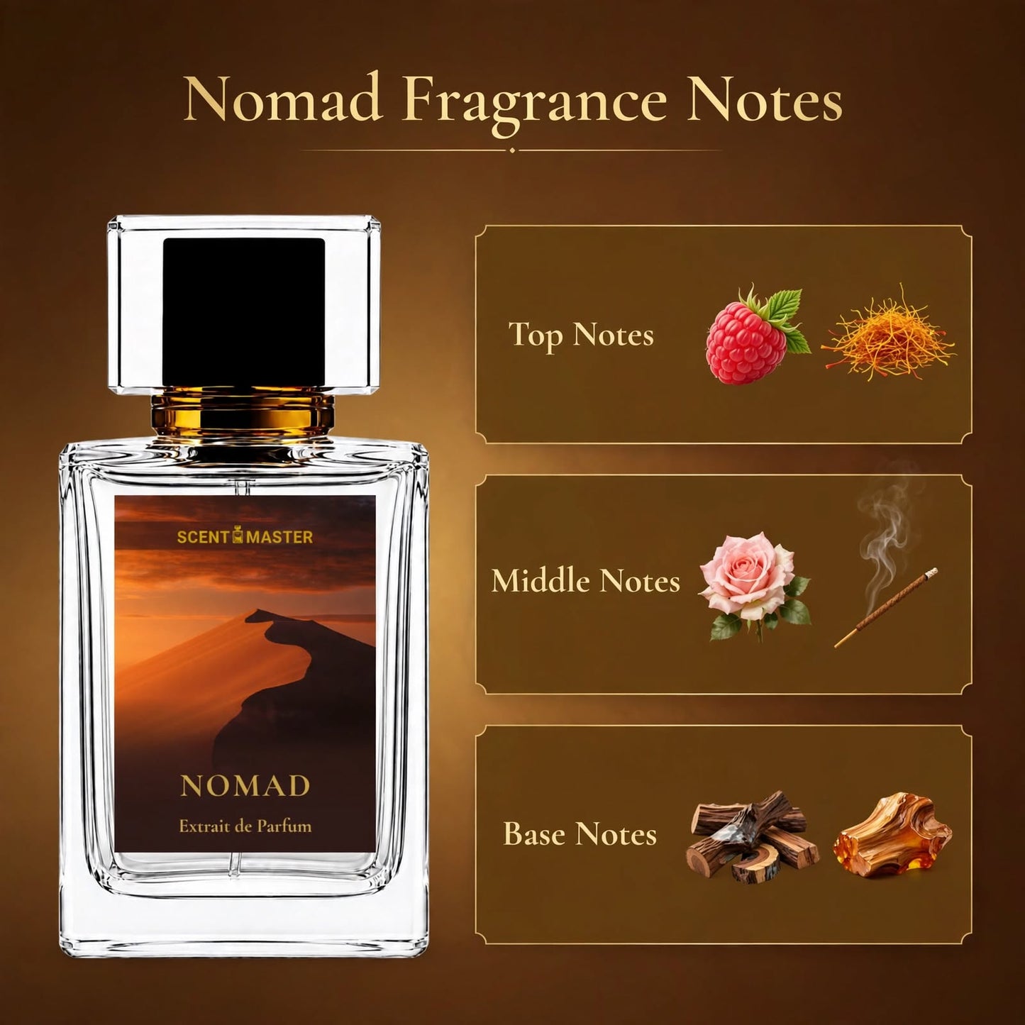 Nomad Fragrance Notes infographic showing top, middle, and base notes