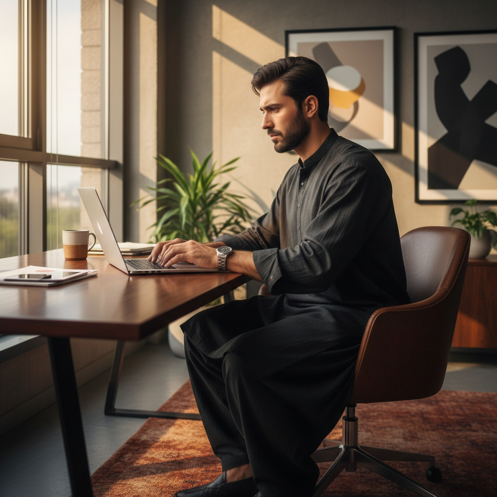 Professional man in PASHA black soft cotton shalwar kameez working in contemporary office