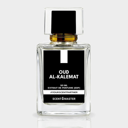 Perfume bottle labeled 'Oud Al-Kalemat' by Scent of the Master on a white background