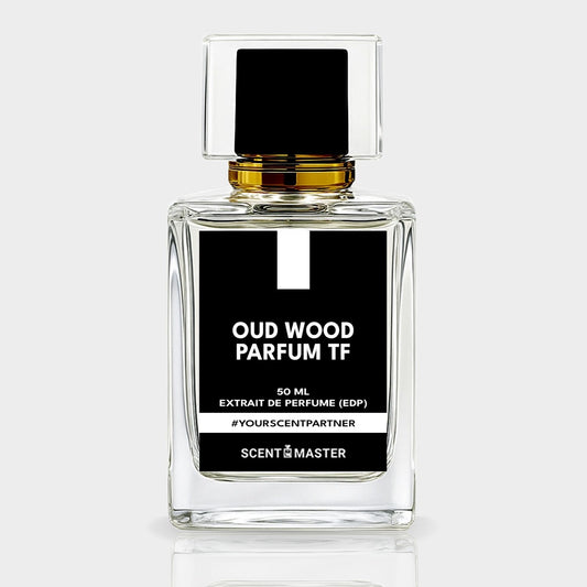 Perfume bottle labeled 'Oud Wood Parfum TF' on a light gray background