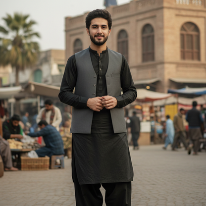 Man in PASHA black premium cotton shalwar kameez standing outdoors in natural daylight