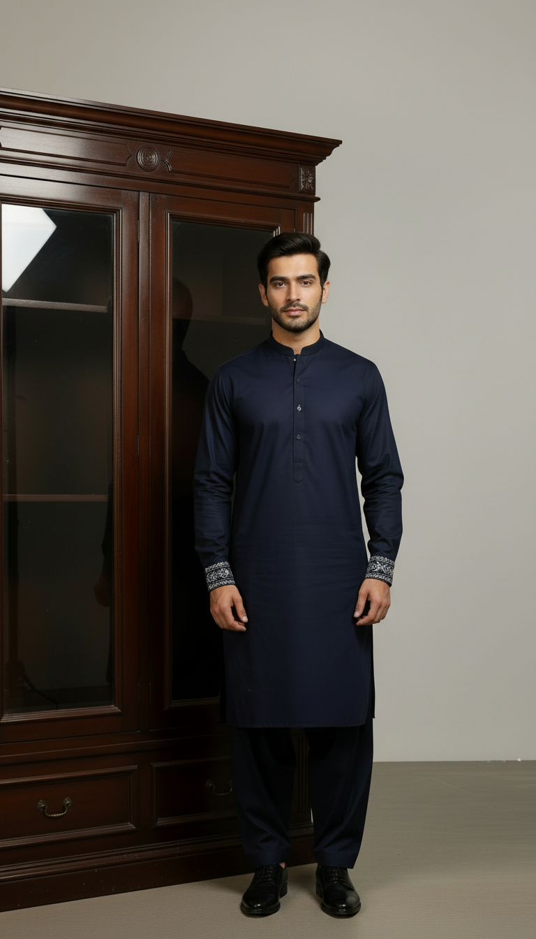 Man wearing a navy blue pasha cotton kurta standing in front of a wooden wardrobe.