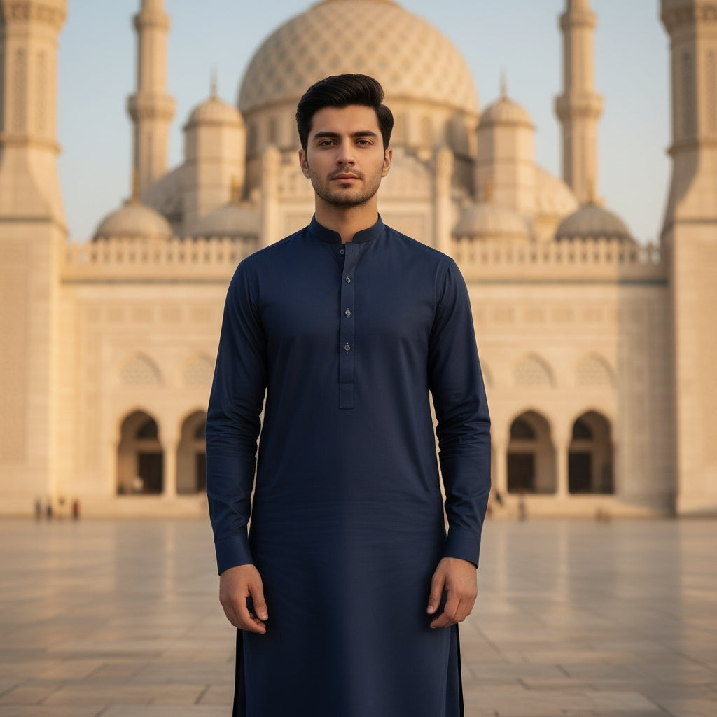Man in a navy blue pasha cotton traditional outfit standing in front of a mosque.