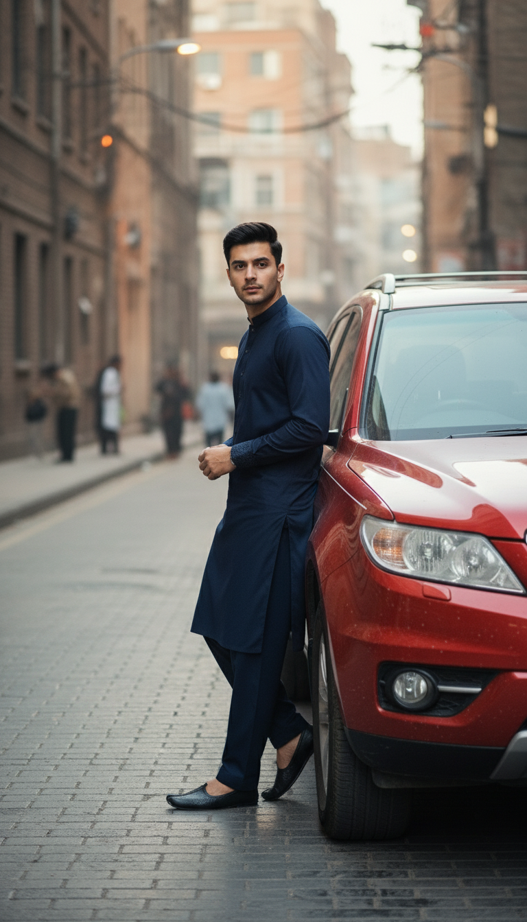 Man in a navy blue pasha cotton outfit standing next to a red SUV on a city street.