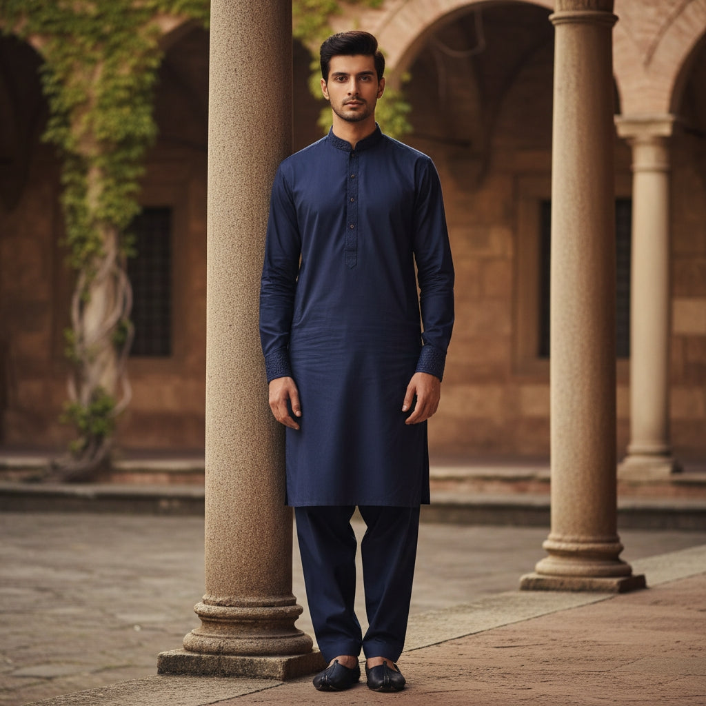 Man wearing a navy pasha cotton kurta standing in an outdoor setting with columns and greenery.