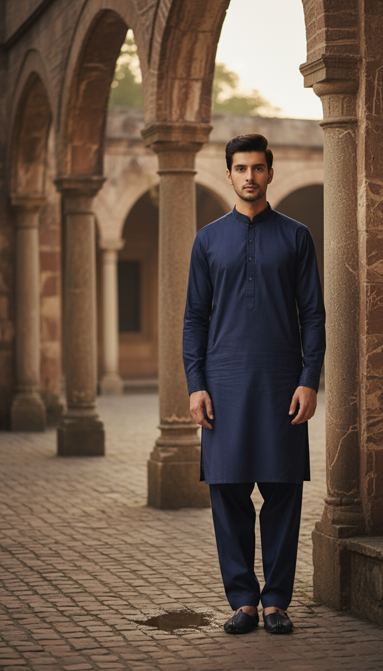 Man wearing a navy blue pasha cotton kurta and pants standing in an archway with stone columns.