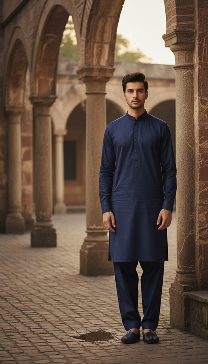 Man wearing a navy blue pasha cotton kurta and pants standing in an archway with stone columns.