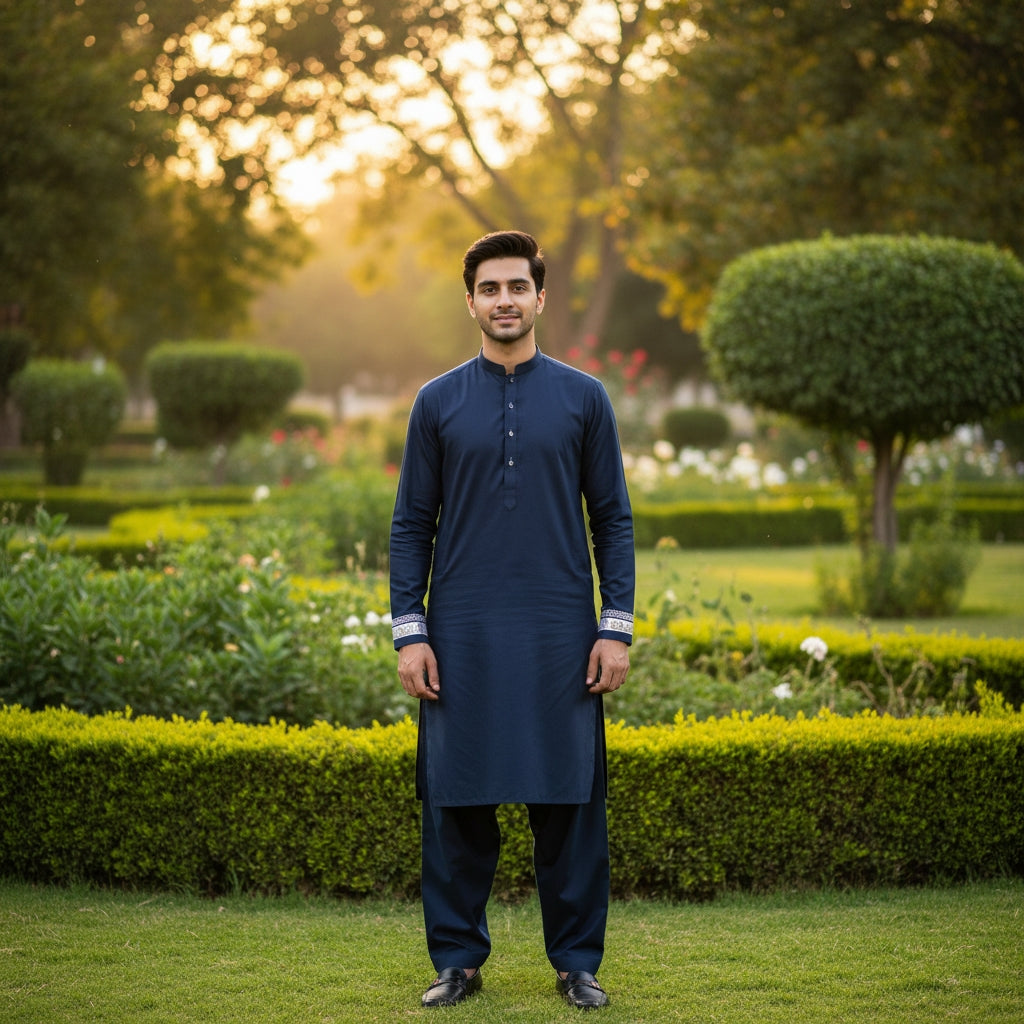 Man in a navy pasha cotton kurta standing in a garden with greenery and trees in the background