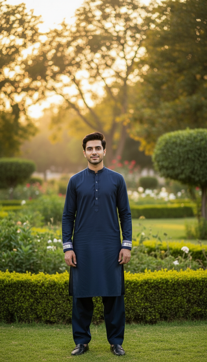 Man in a navy blue pasha cotton kurta standing in a garden with trees and greenery in the background