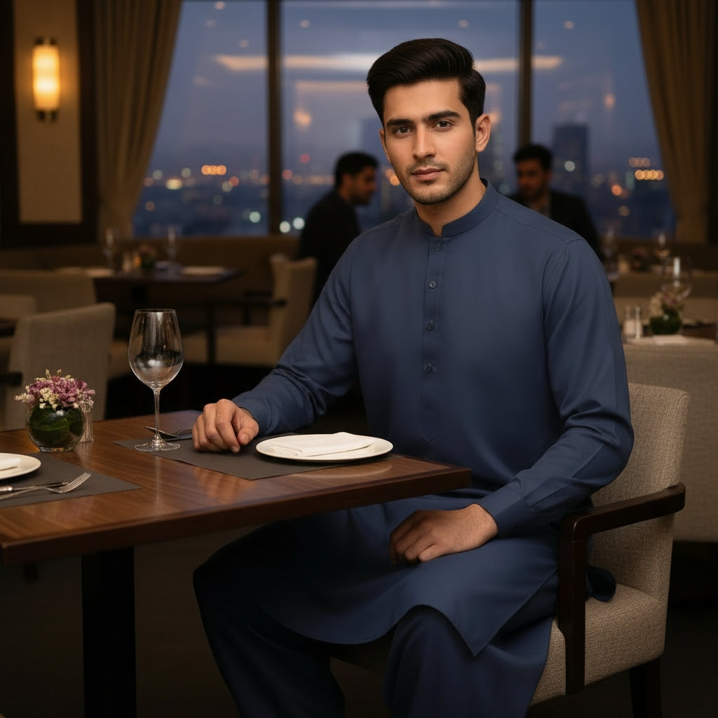 Man in a navy blue pasha cotton traditional outfit sitting at a restaurant table with a cityscape view.