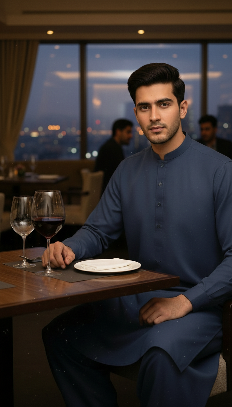 Man in a navy blue pasha cotton traditional outfit sitting at a table with wine glasses in an indoor setting with city lights in the background.