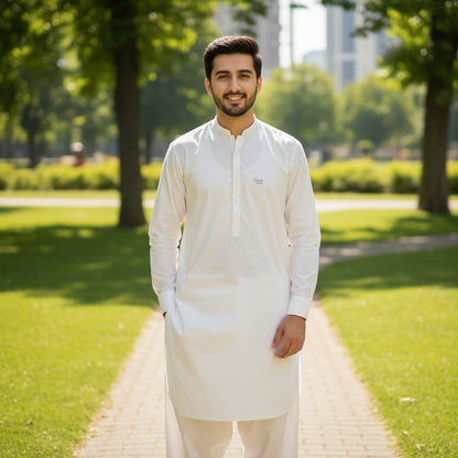 Man in a off white pasha cotton traditional outfit standing on a path with greenery and buildings in the background