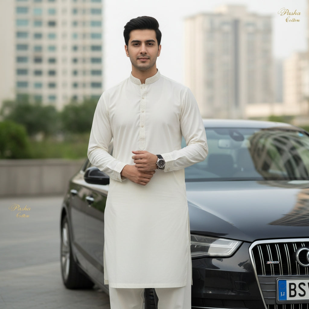 Man in a off white pasha cotton kurta standing in front of a car with a cityscape background