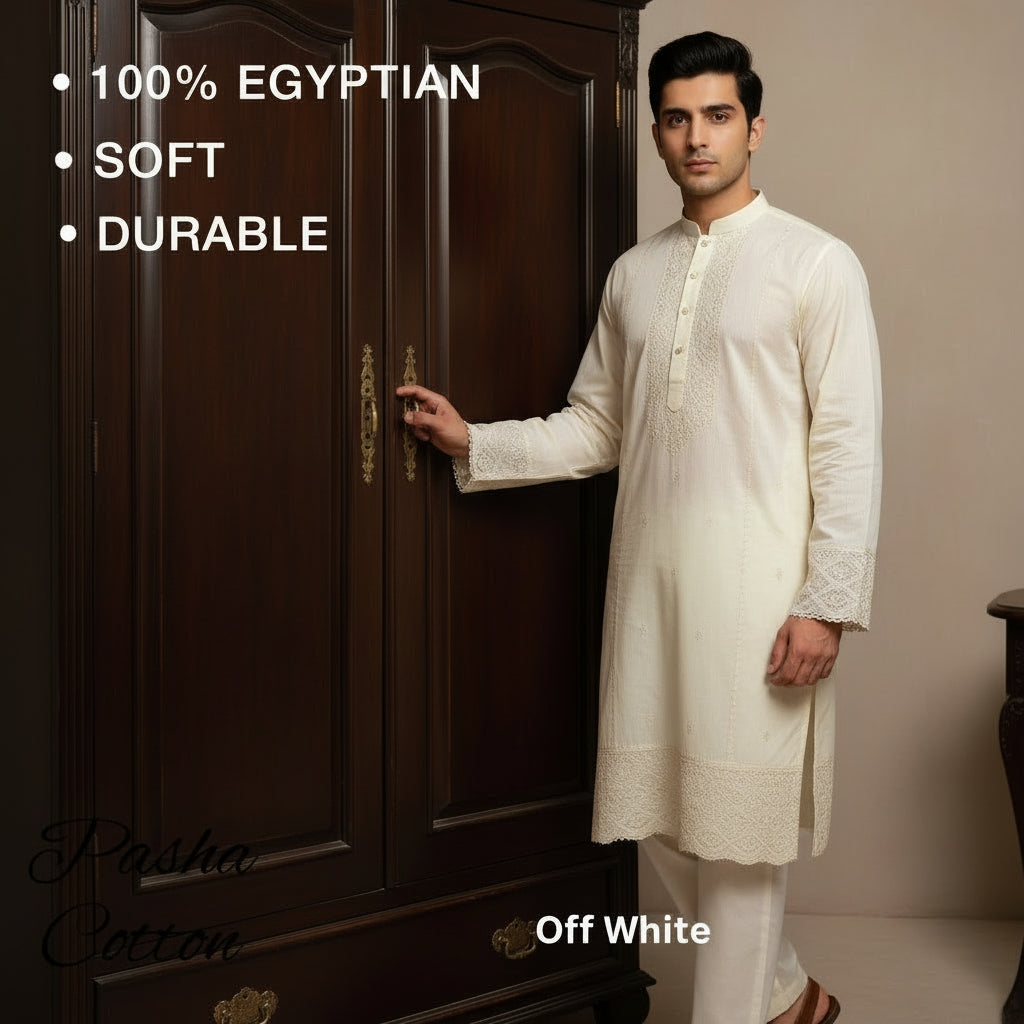 Man in off white pasha cotton kurta standing next to a wooden wardrobe with text about Egyptian cotton.