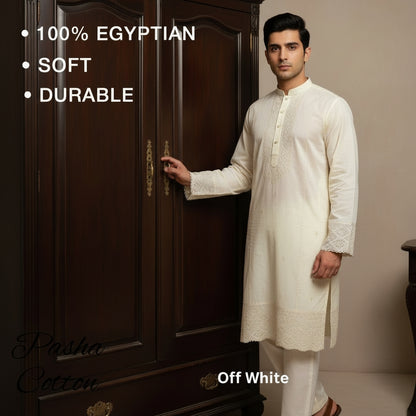 Man in off white pasha cotton kurta standing next to a wooden wardrobe with text about Egyptian cotton.