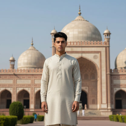 Man in a off white pasha cotton  kurta standing in front of a historical building with domes.