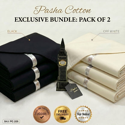 Pasha Premium Cotton pack of 2 black and off white premium cotton fabric bundle with COD and free delivery in Pakistan